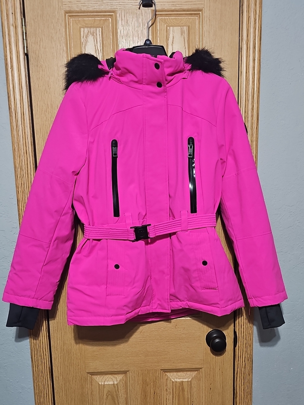Women's Michael Kors Faux Fur Trim Ciré Belted Parka Jacket MK Hot Pink Coat Med